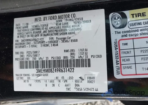 2009 Mercury Milan I4 Premier from USA, damaged, VIN 3MEHM08Z49R631422